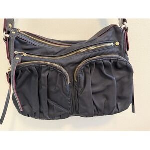 Mz Wallace Paige Crossbody Bag  Black Nylon Burgundy Trim And Gold Hardware